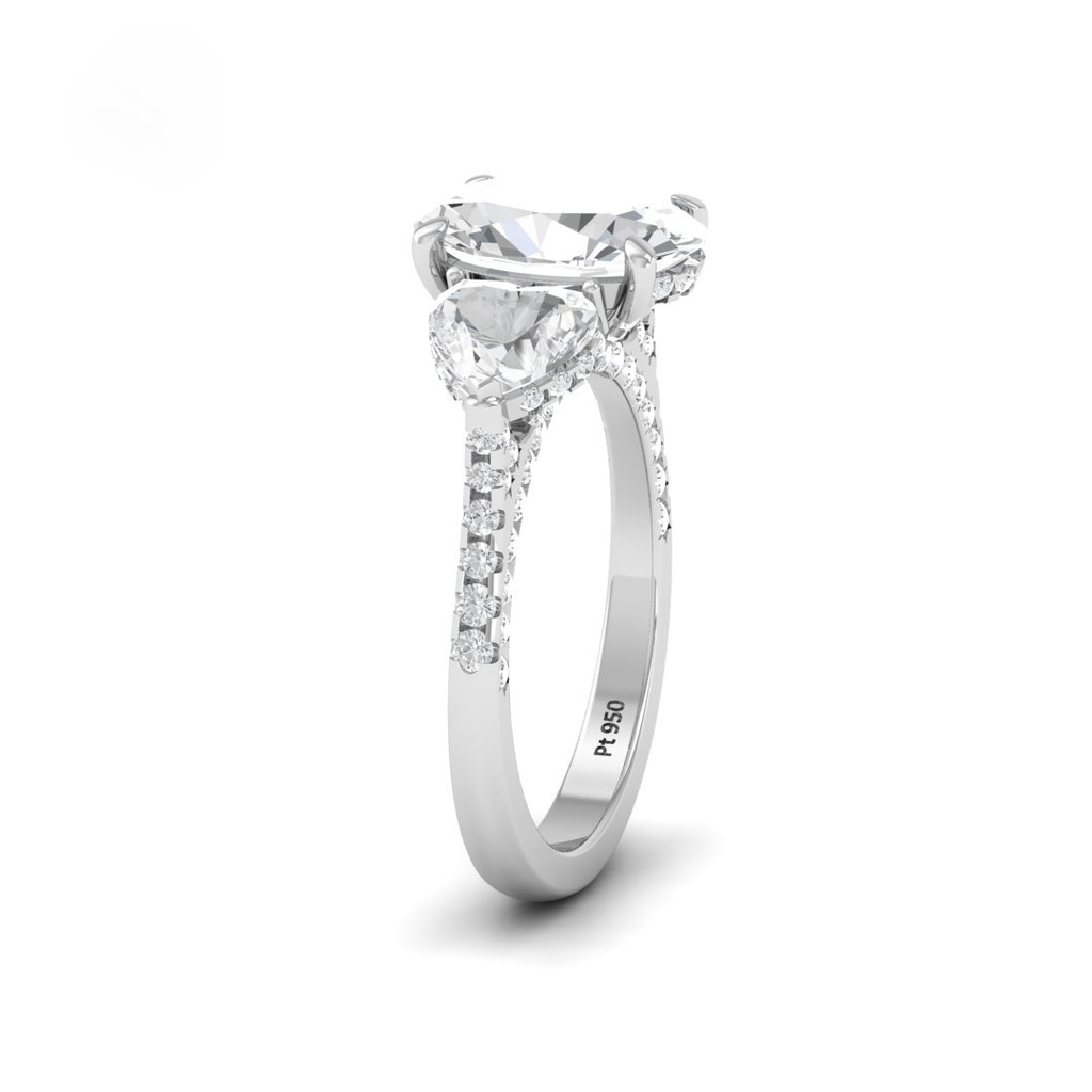 Oval Cut Diamond Engagement Ring with Heart Cut Side Diamonds and 3D Diamond Band  AAC00044 
